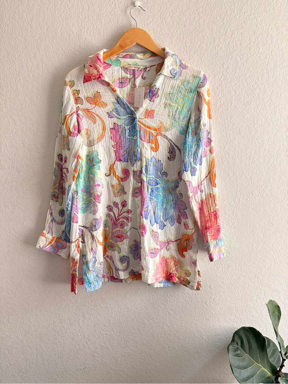 NWT Soft Surroundings Escambia Gauze Tunic Shirt Painterly Floral Button Medium - Picture 3 of 6